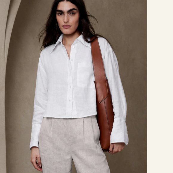 WHITE The Boxy Cropped Linen Shirt - Picture 1 of 2